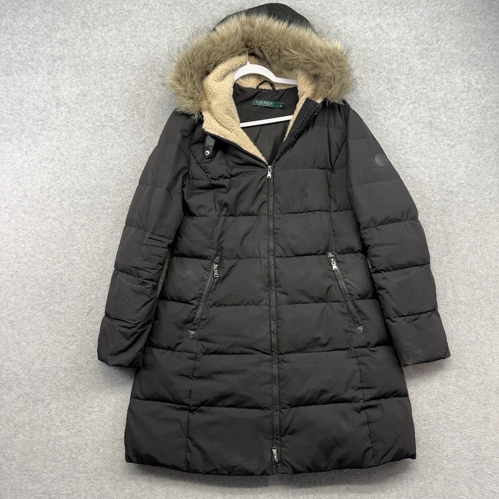 Lauren Ralph Lauren Down Puffer Long Coat Parka Faux Fur Hood Large Winter L